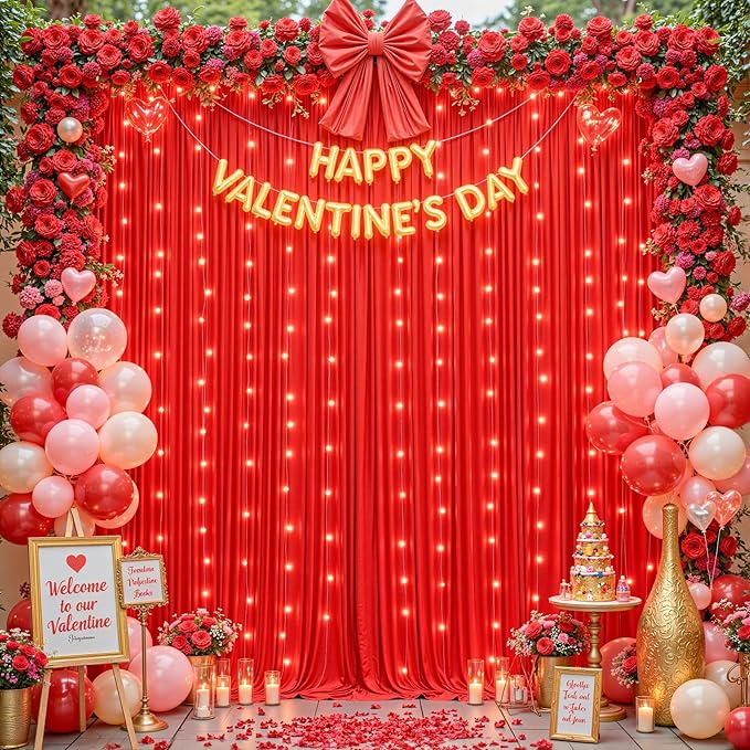 10 x 10 ft Red Backdrop Curtains with Lights String for Wedding Polyester Photo Backdrop Drapes Wrinkle Free Red Long Curtains for Birthday Parties Reception Baby Shower Ceremony-10 x 5ft x 2 Panels