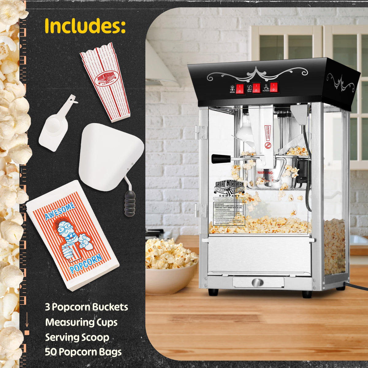 Matinee Popcorn Machine - 8oz Popper with Stainless-Steel Kettle, Reject Kernel Tray, Warming Light, and Accessories by Great Northern Popcorn (Black)