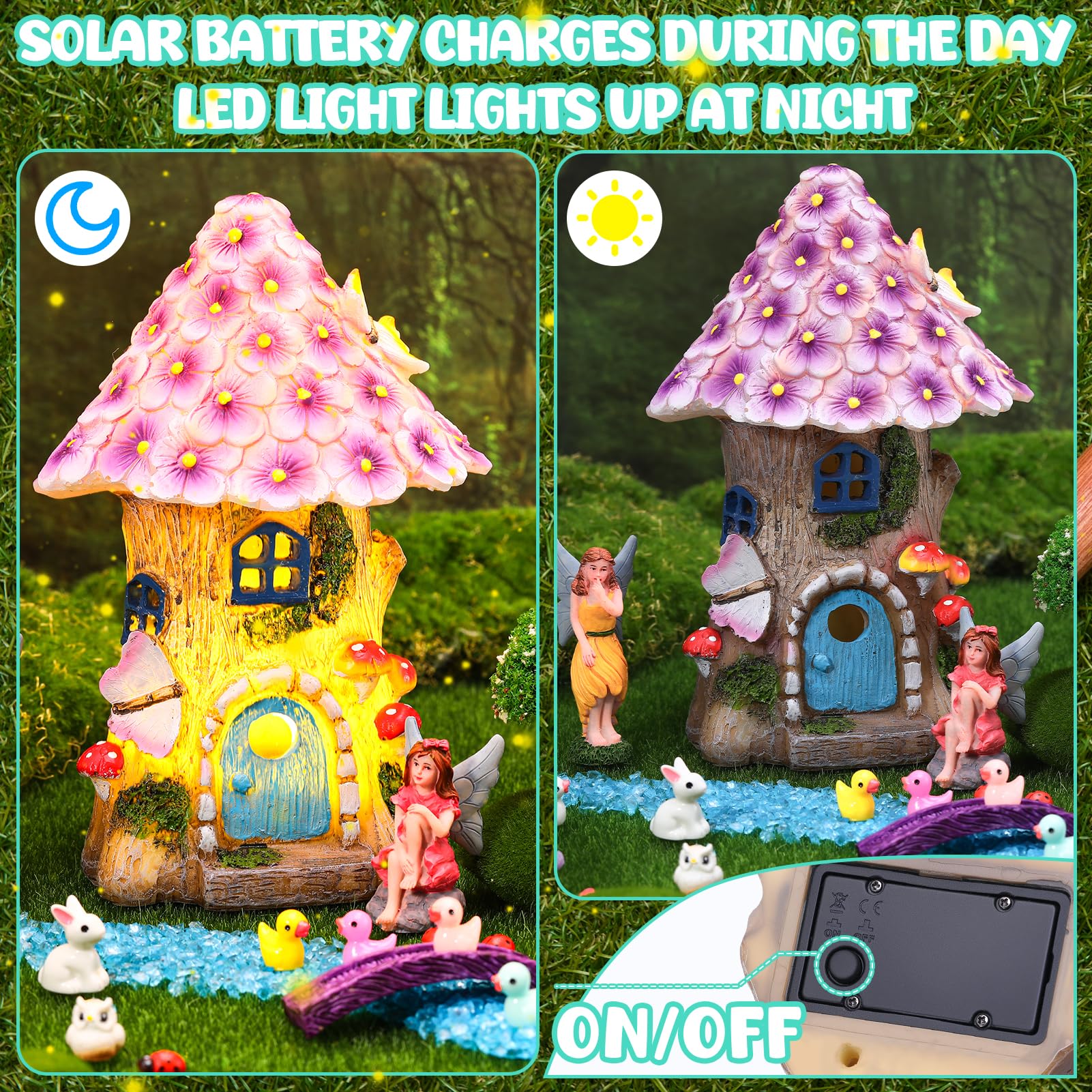 GGSTDDUP 70 Pcs Fairy Garden House Resin Kit Glowing Tree House Miniature Garden Fairy Animals Garden Accessories Decor Outdoor Mini Landscape Ornaments