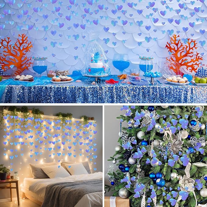10 Pack 130ft Blue Holographic Heart Party Garland Asymmetrical Love Hanging Banners for Birthday Wedding Decorations Graduation Engagement