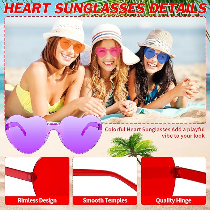 2/4/8/12/20 Pairs Heart Shaped Sunglasses Transparent Heart Glasses Rimless Trendy Eyewear for Valentines Party Favor