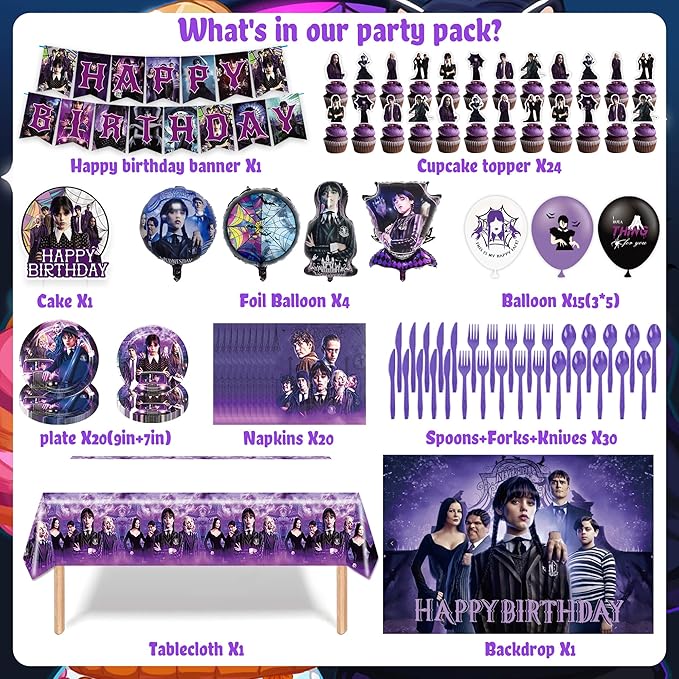 Wednesday Inspire Birthday Party Decorations, Wednesday Inspire Party Supplies Set Include Banner, Backdrop, Foil Latex Balloons, Tablecloth, Cake Toppers, Tableware