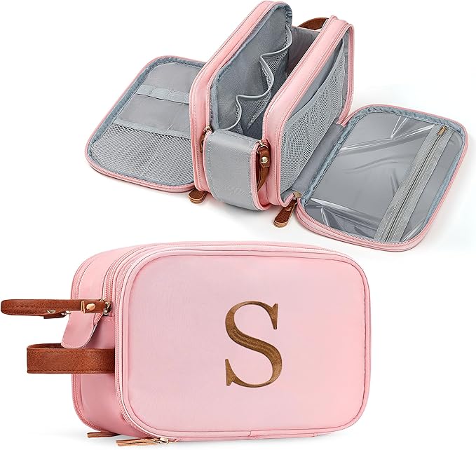 YOOLIFE Travel Toiletry Bag - Birthday Gifts for Women | Personalized Initial Makeup Bag for Women Teen Girls, Travel Essentials for Woman Letter S Pink
