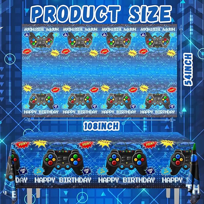 Gamer Birthady Party Decorations Tablecloth,3pcs Blue Video Game Table Cover Gaming Birthday Plastic Tablecloth for Boys Birthday Game Theme Party