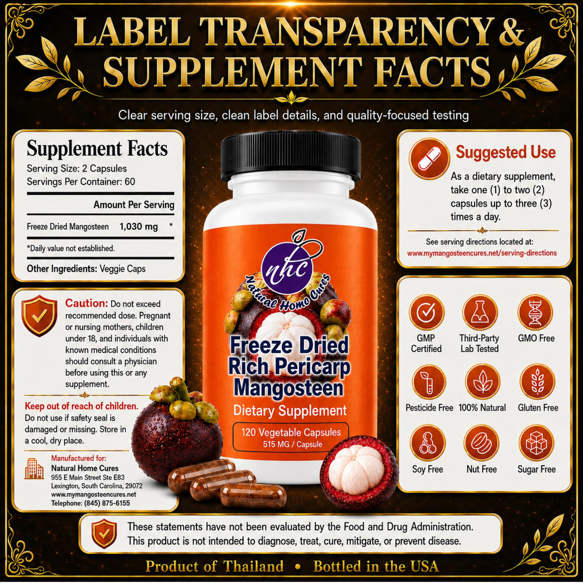 Natural Home Cures Mangosteen Supplement Capsules, Freeze-Dried Pericarp Whole Fruit Rind Powder, Garcinia Mangostana with Xanthones, 515 mg, 2 Bottles, 240 Vegan Capsules (2)