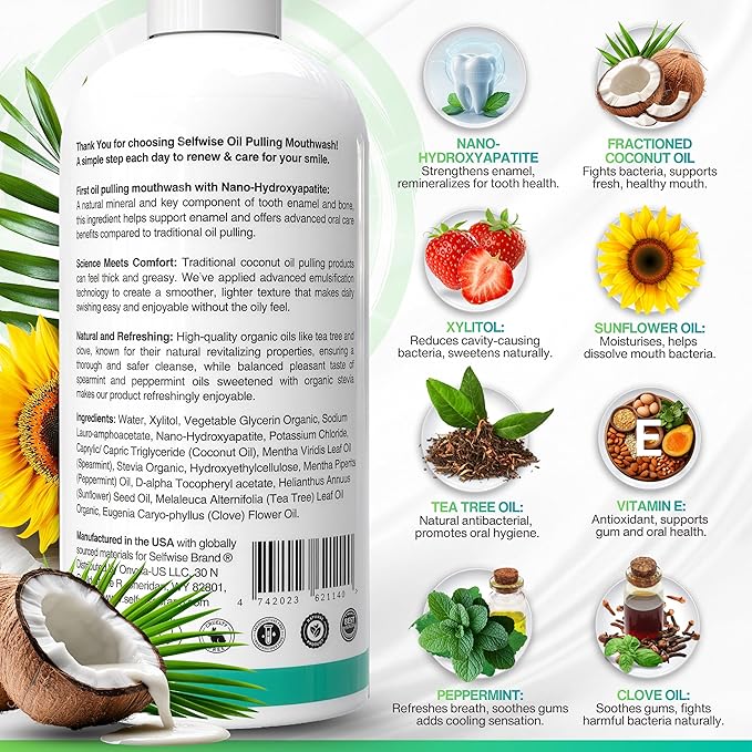 Nano-Hydroxyapatite Oil Pulling Whitening Mouthwash for Teeth and Gums, Natural & Organic, Whitens Teeth, Strengthens Enamel, Fights Bad Breath & Plaque – Smooth & Non-Greasy – for Adults - 16oz