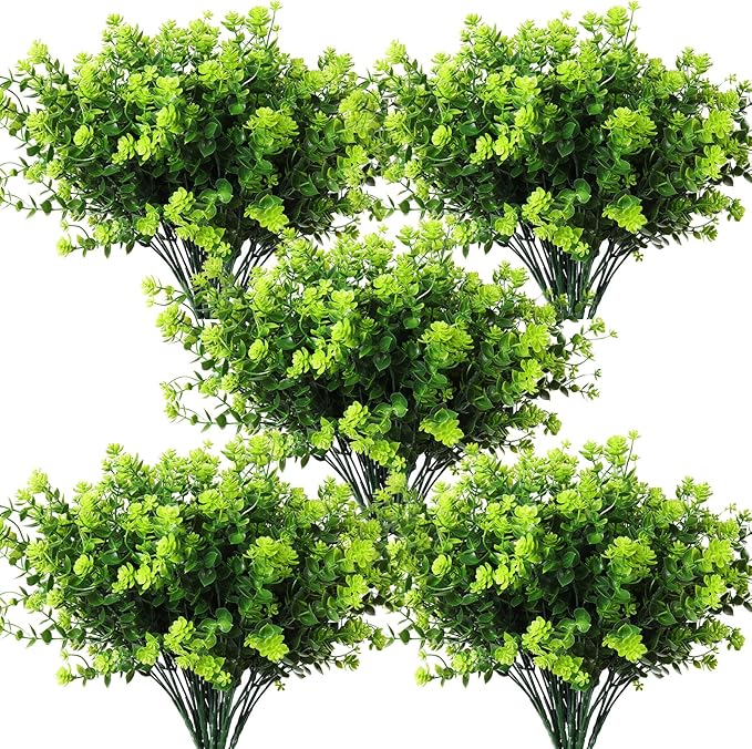 RECUTMS Artificial Outdoor Flowers Artificial Greenery Artificial Plant Bundles Spring Greenery Outdoor Plants Artificial UV Resistant for Porch Artificial Eucalyptus Stems,10 Pcs(Green)