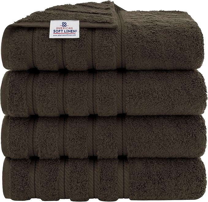 American Soft Linen Luxury 4 Piece Bath Towel Set, 600 GSM 100% Cotton Turkish Bath Towels for Bathroom, 27x54 in Extra Large Bathroom Shower Towels, Brown