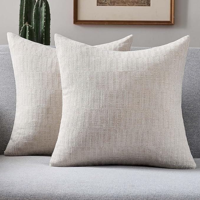 FUTEI Natural Decorative Throw Pillow Covers 24x24 Inch Set of 2,Soft Linen Slub Texture European Cushion Case,Farmhouse Home Decor for Couch Bed Living Room