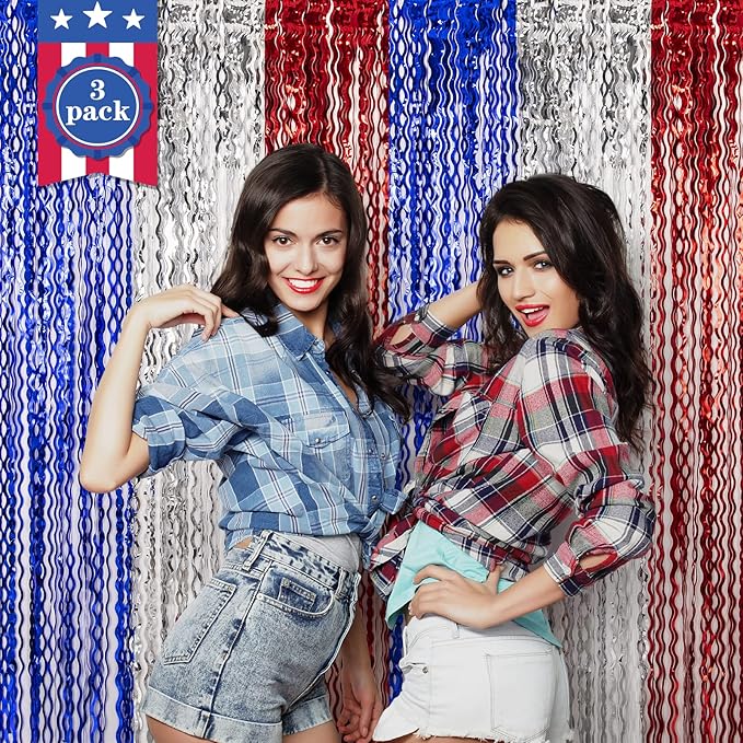 LOLStar 4th of July Decorations,Red White and Blue 3 Pack Wave Tinsel Foil Fringe Curtains, Memorial Day Photo Booth Prop Streamer Backdrop for Patriotic America Party, Independence Labor Day