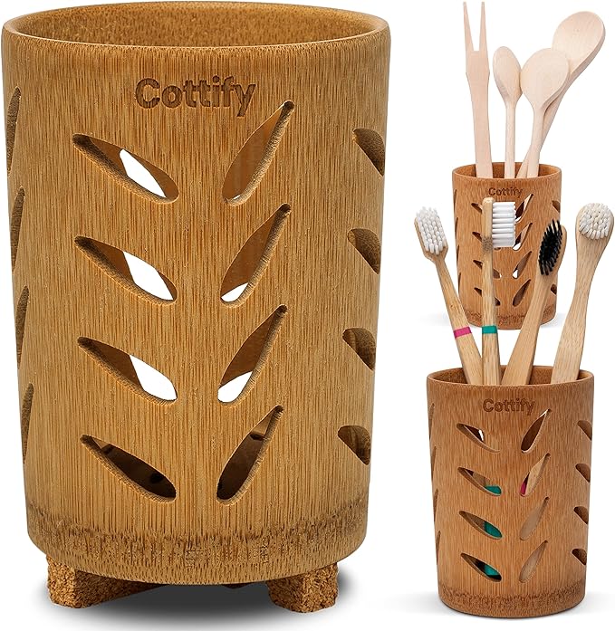 Eco-Friendly Bamboo Toothbrush Holder with Drainage – Quick Drying Single-Piece Design – Toothbrush Holders for Bathrooms – Wooden Toothbrush Holder Resilient in Humid Conditions - Matte Leaves