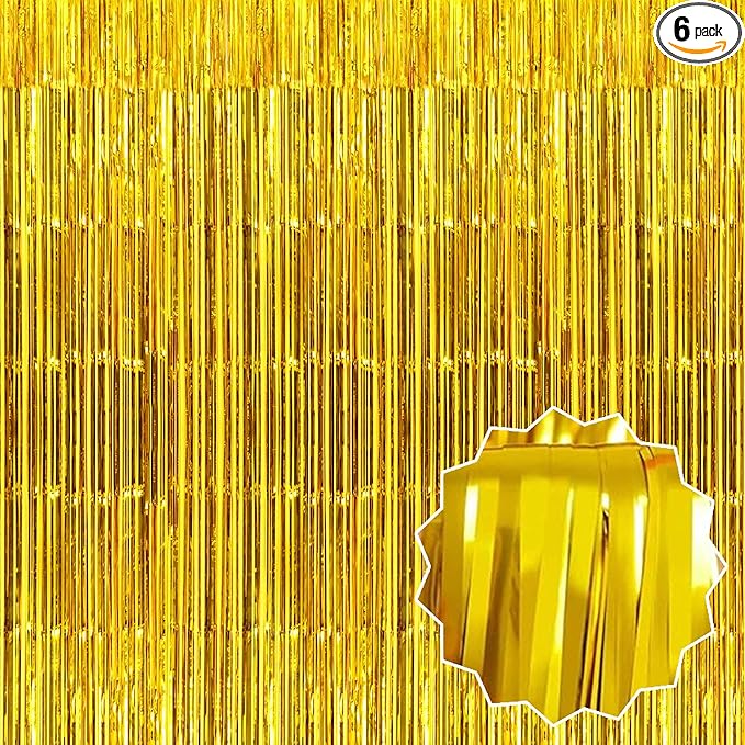 6 Pack Gold Foil Fringe Curtains Backdrop, 3.28 x 9.8 Ft Metallic Streamers Tinsel Curtains Background for Photo Booth, Birthday, Halloween, Christmas, Thanksgiving, New Year Party Decorations