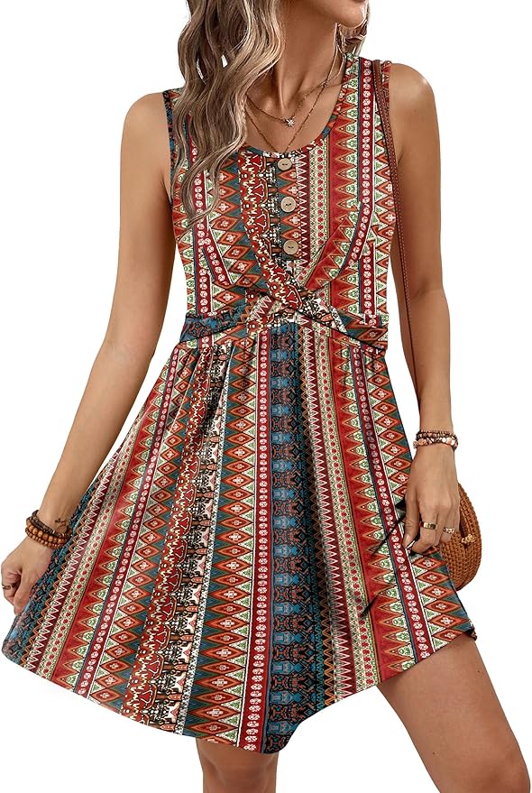 OFEEFAN Summer Dresses for Women Beach Fashion Sundresses Babydoll Dress Button Down Boho Dresses Cute Cross