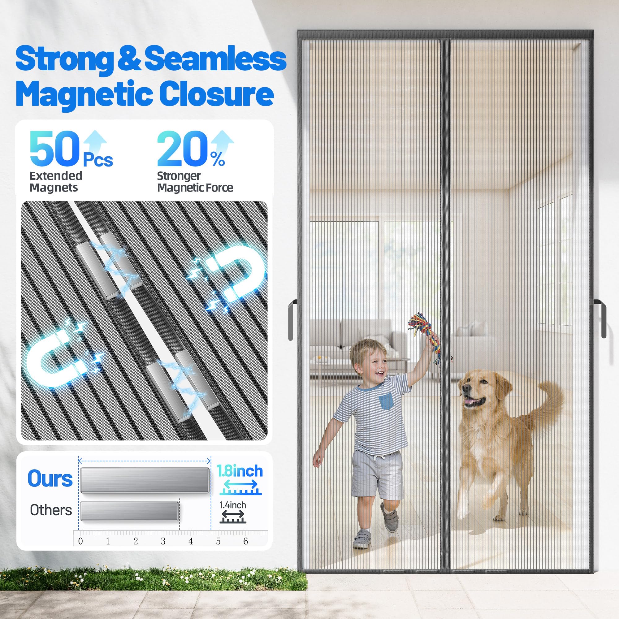 Heavy Duty Magnetic Screen Door Mesh - Auto-Sealing Hand-Free Door Net Screen with 50 Magnets, Pet & Kid Friendly, PET Fine Mesh Doors Screens Keep Bugs & Mosquitos Out Fits Front Doors Size 36” x 82”