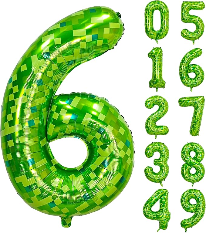 40 inch giant Green pixel miner game number 6 balloon Large mining theme foil balloon 0-9 Suitable for pixel game parties children's birthdays party anniversary celebrations baby shower decoration