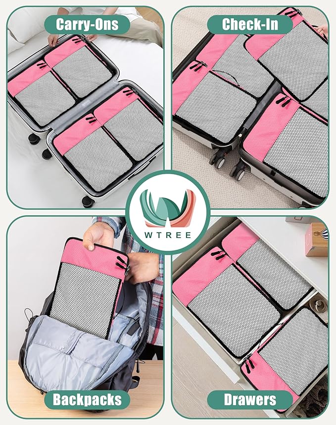 WTREE 4-Piece Packing Cubes Travel Accessories Set for Suitcases - Luggage Organizer Bags with Double Zipper - Mesh Top - Small - Pink