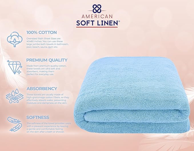 American Soft Linen Oversized Bath Sheet 40x80 Extra Large for Bathroom, 600 GSM 100% Cotton Turkish Jumbo Bathsheet Towels for Adults, Sky Blue Bath Sheet