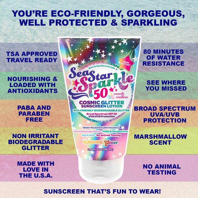 Seastar Sparkle - Cosmic Marshmallow Scented Glitter Sunscreen Lotion - SPF 50 - Biodegradable Sunscreen, Kids, Water Resistant, Glitter lotion, Cruelty Free, Kids Lotion, Made in USA, 3.4oz