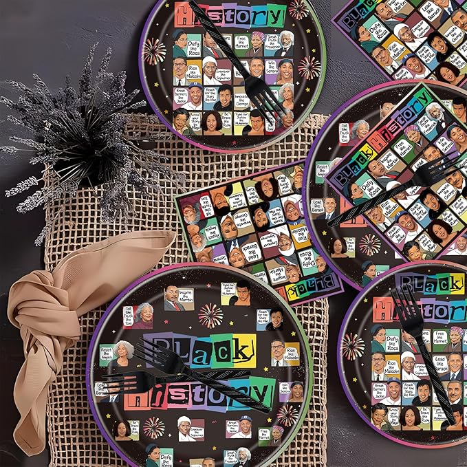 Rakuto Black History Month Decorations Tableware, 96PCS Juneteenth African American Famous People Disposable Paper Plates and Napkins Decoration, Happy June African Themed Party Forks Decor