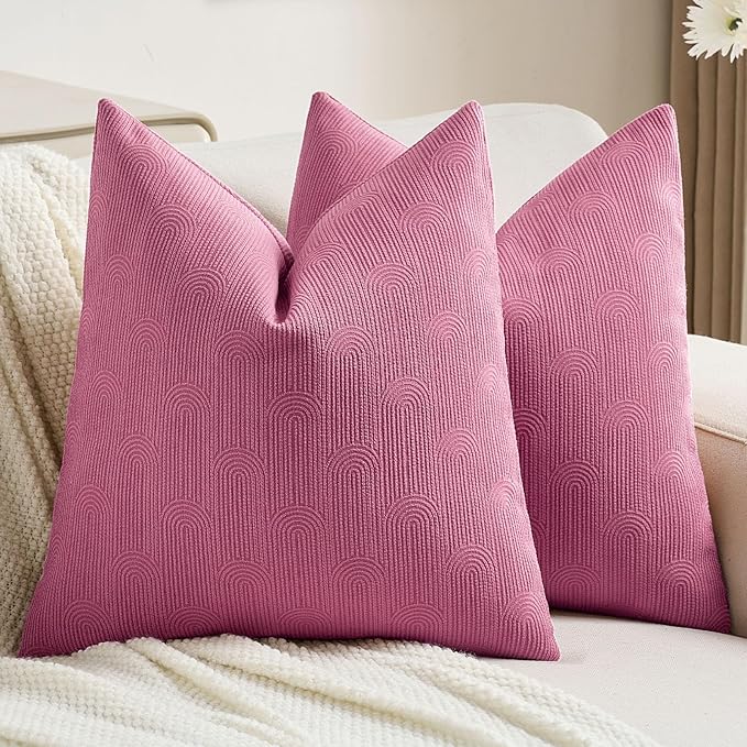 FUTEI Hot Pink Chenille Decorative Throw Pillow Covers 16x16 Inch Set of 2,Soft Cozy Striped Geometric Patterns Cushion Cases,Modern Home Decor for Couch Bed Living Room