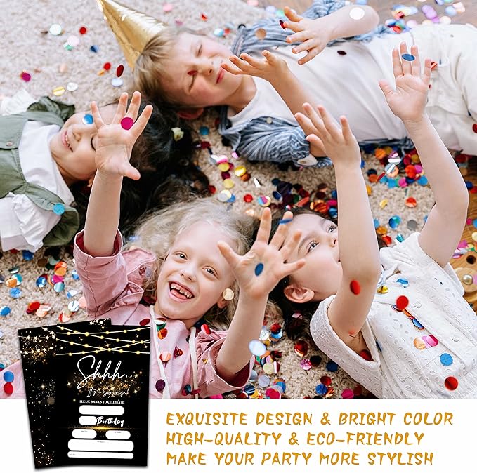 Surprise Birthday Invitations with Envelopes - Shhh It's A Surprise Party Invitation Card for Kids Adults - Black Gold Glitter Fill-in Invites Cards(20 Pack) -16