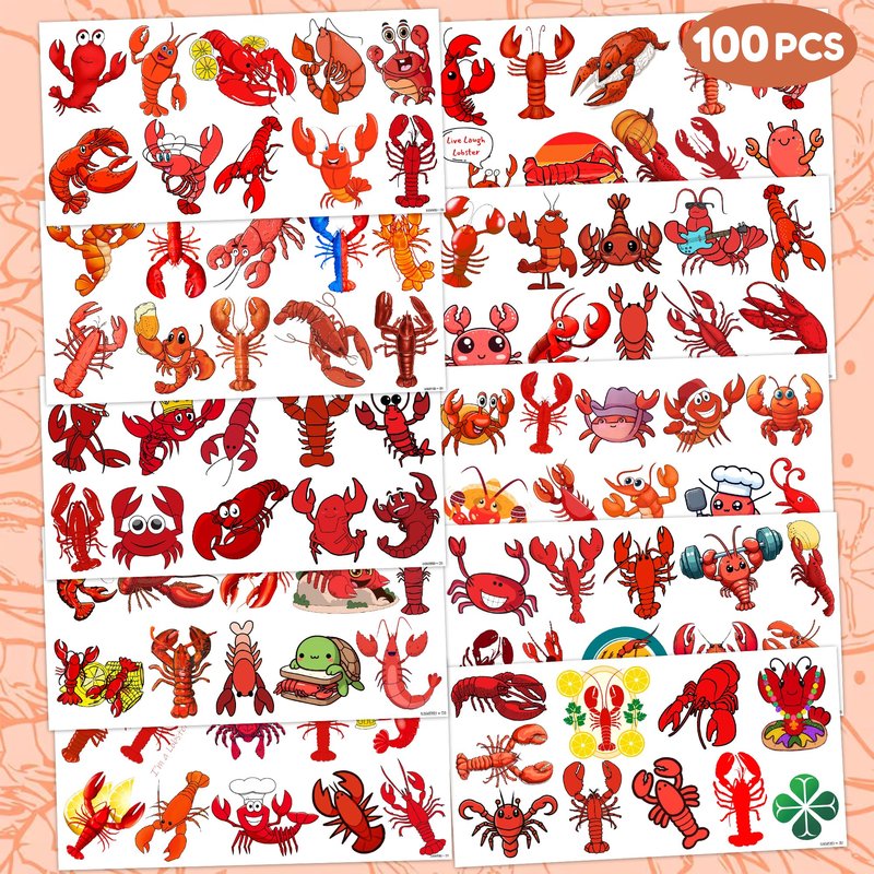 100 PCS Crawfish Temporary Tattoos (10 Sheets) - Cute Lobster Party Favors & Seafood Decorations for Kids, School Carnival Supplies