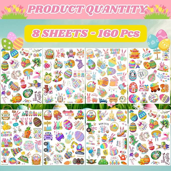 160PCS Easter Day Temporary Tattoos Stickers | Spring Easter Day Party Favors Basket Stuffers Party Supplies Holiday Decorations Eggs Bunny Flower Craft Gift Idea For Kids Boy Girl Teen Adult-8Sheets