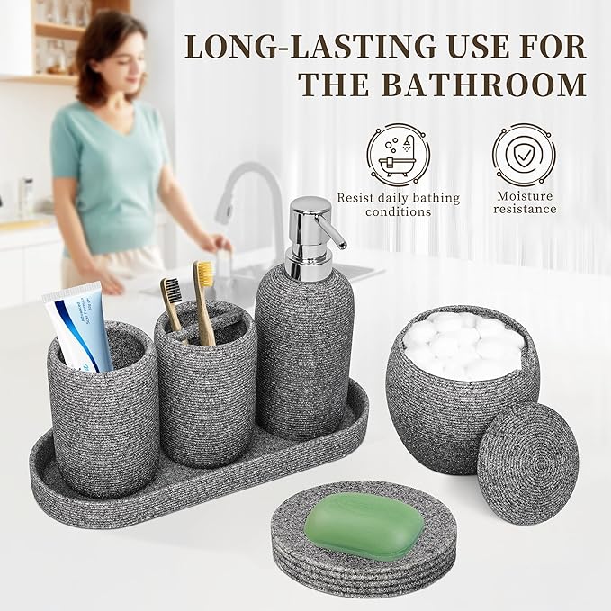 Bathroom Accessory Set, 6PCS Gray Bathroom Accessories - Soap Dish, Lotion Dispenser, Toothbrush Holder, Mouthwash Cup, Tray, Cotton Ball Jar, Aesthetic Decor Bathroom Sets