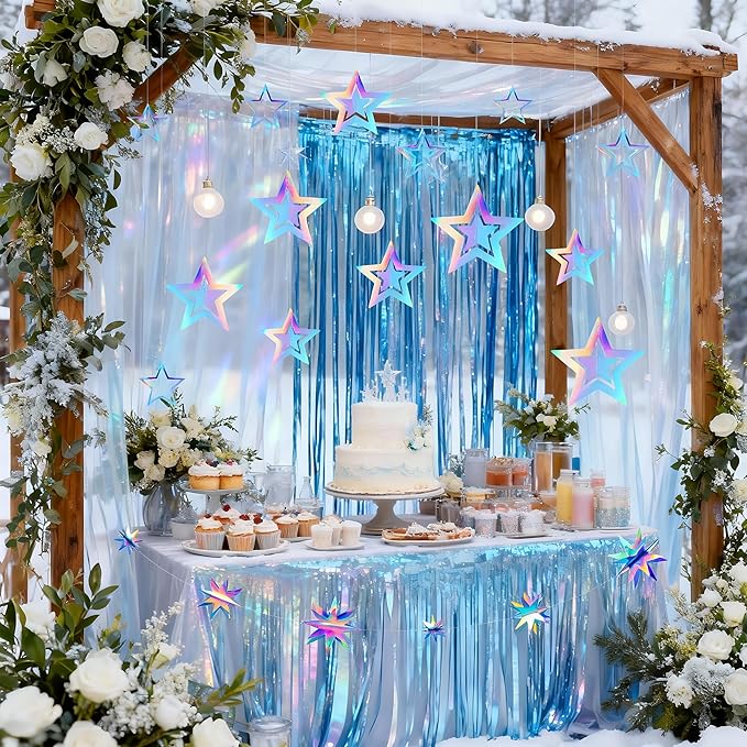 BTSD-home Iridescent Star Garland Decorations 14 Mixed 3D Twinkle Hanging Stars with 5.25FT Holographic Octagon Star Garland for Home School Ceiling Window Starry Space Birthday Party Decorations