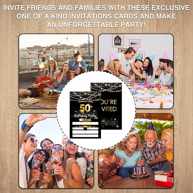 50th Birthday Invitations with Envelopes - Black Gold Glitter Fill-in Invites Cards - Surprise Birthday Party Invitation Card for Him/Her - Adults Birthday Party Favors Supplies Decorations (20 Pack)