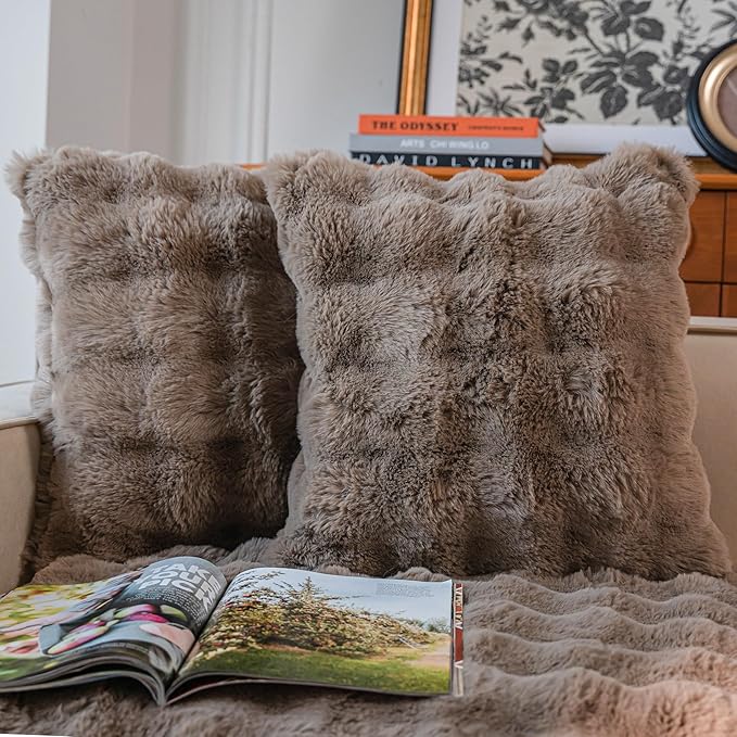 Neelvin Brown Faux Fur Cozy Soft Double-Sided Decorative Throw Pillow Covers 18x18 inch Set of 2,Velvet Pillowcase Cushion Case for Sofa Couch