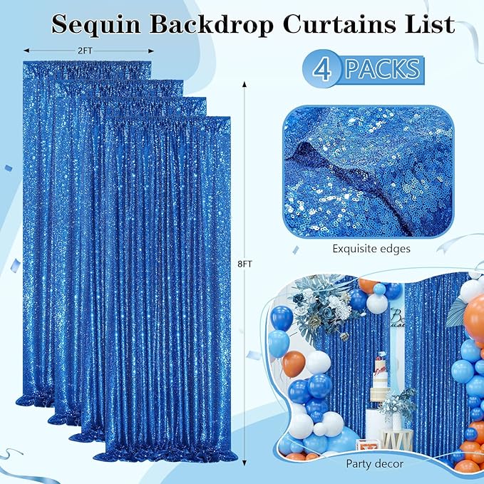 4 Pack Royal Blue Curtains 2ftx8ft Sequin Backdrop Drapes for Birthday Wedding Party Photo Backdrop Decorations
