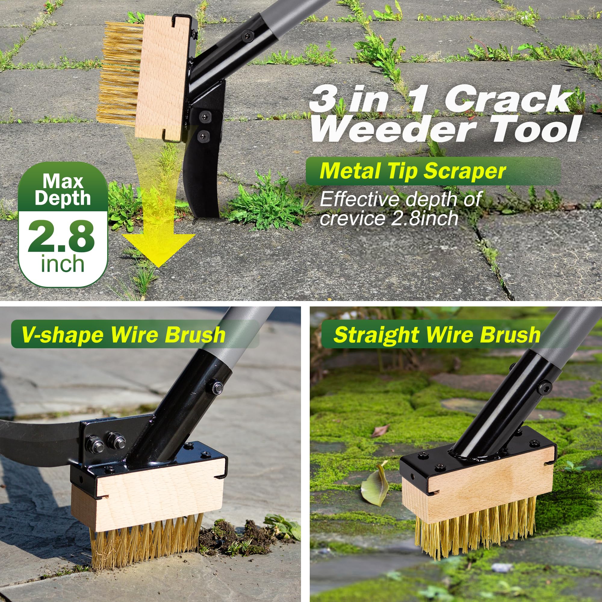 Walensee 66.5in Adjustable 3-in-1 Crack Weeder & Moss Remover Brush Tool