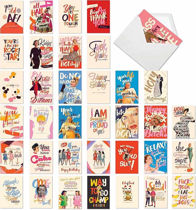 NobleWorks - 36 Assorted Funny Mixed Occasions Blank Greeting Cards Bulk Box Set w/Envelopes, Adult Humor Get Well, Variety Pack for Men and Women (36 Designs, 1 Each) - Mega AC9135XXG-B1x36