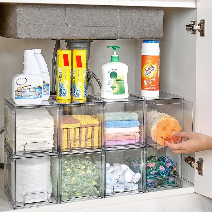 Vtopmart 4 Pack Stackable Storage Drawers, 6.6''Tall Acrylic Bathroom Makeup Organizers,Clear Plastic Drawers For Vanity, Undersink, Kitchen Cabinet,Pantry Organization and Storage