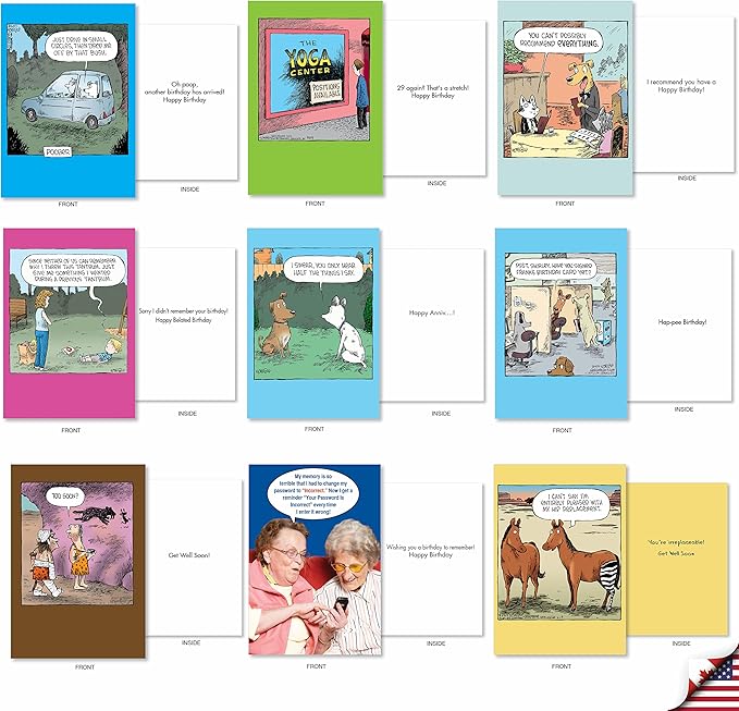 NobleWorks - 36 Assorted Set Funny Mixed Occasions Cards Bulk Box Set Envelopes, Humor B-day, Get Well, Friendship Greeting Card (36 Designs, 1 Each) - A Coverly Combo AC9383XXG-B1x36