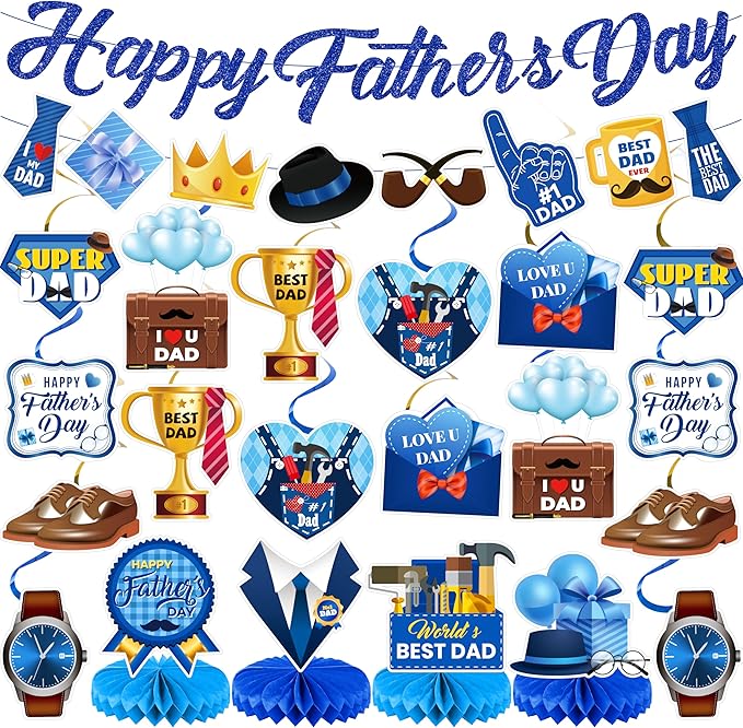 Fathers Day Decorations Set - 22 PCS Happy Father's Day Banner, Hanging Swirls & Table Centerpieces - Perfect for Fathers Day Party, Birthday and Family Gatherings