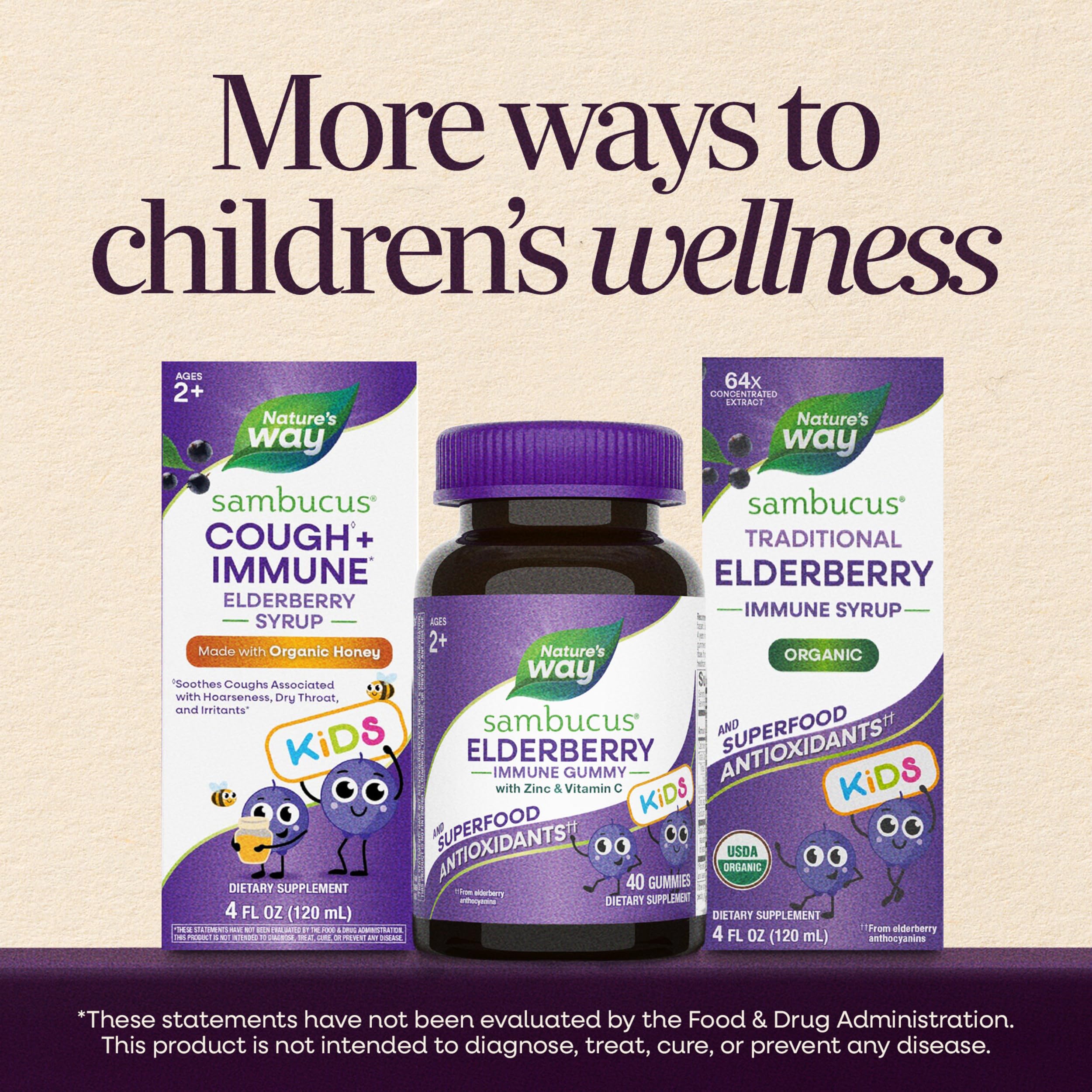 Nature's Way Sambucus Kids Elderberry Immune Gummies with Black Elderberry Extract, Daily Immune Support Gummy with Vitamin C and Zinc for Children Ages 2+*, 60 Gummies