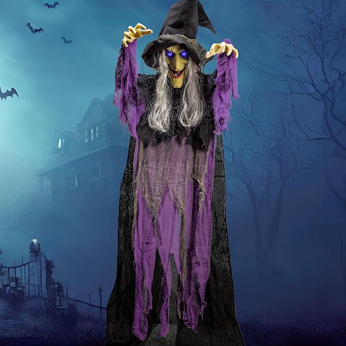 JOYIN 72” Halloween Hanging Witch Decorations Outdoor, Flying Talking Ghost Decor Light Up Eyes Sound Activated, Outside Indoor Haunted House Prop for Lawn Yard Garden, Purple