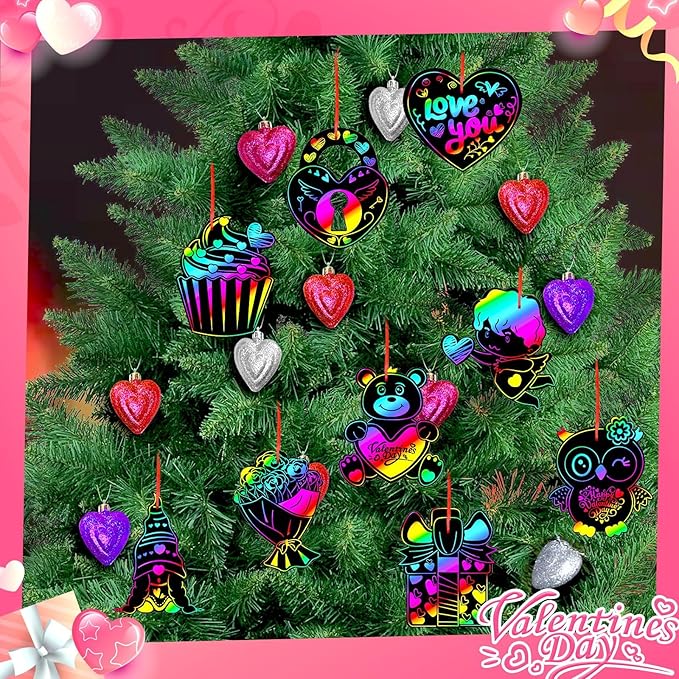 JULMELON Valentine Crafts for Kids, 36 Pack Heart Shape Scratch Art Paper Crafts Kit Magic Rainbow Scratch Cards Hang Tags Goody Bag Stuffers Valentines Day Gifts for Kids