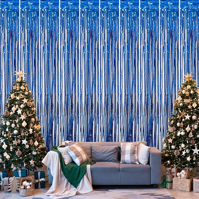 5 Pack Blue Foil Curtain Backdrop Metallic Tinsel Foil Fringe Curtains Photo Booth Props for Birthday Wedding Engagement Bachelorette Christmas Holiday Celebration Party Decorations Supplies