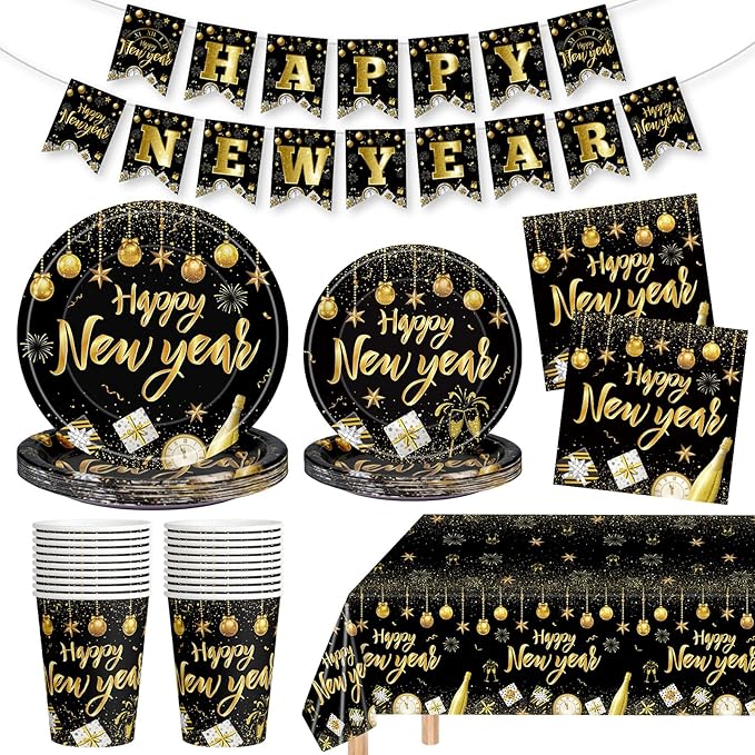 82 Pcs New Years Eve Party Supplies 2026 Set - Black Gold Happy New Year Decorations Kit, Including New Year Plates Napkins Cups Tablecloth and Banner for 2026 Happy New Years Party Decor Supply Favor
