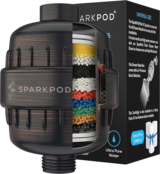 SparkPod High Output Shower Filter Capsule - Suitable for People with Sensitive and Dry Skin and Scalp, Filters Chlorine and Impurities | 1-min Install (Oil-Rubbed Bronze)