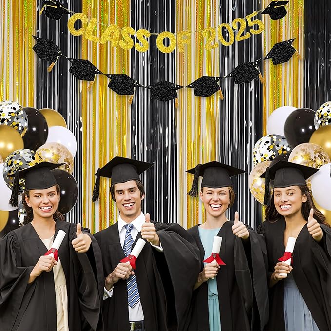 Graduation Decorations 2026 Foil Fringe Curtains - Melsan 3 Pack 3.2 x 8.2 ft Gold Tinsel Curtain Party Photo Backdrop for Birthday Party Happy Retirement Baby Shower or Graduation