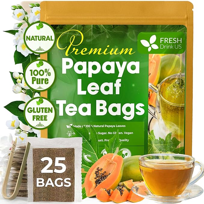 FreshDrinkUS, Premium 25 Papaya Leaf Tea Bags, 100% Natural & Pure from Papaya Leaves. Loose Leaf Herbal Tea. Made with Natural Material Tea Bags. No Sugar, No Caffeine, No Gluten, Vegan.