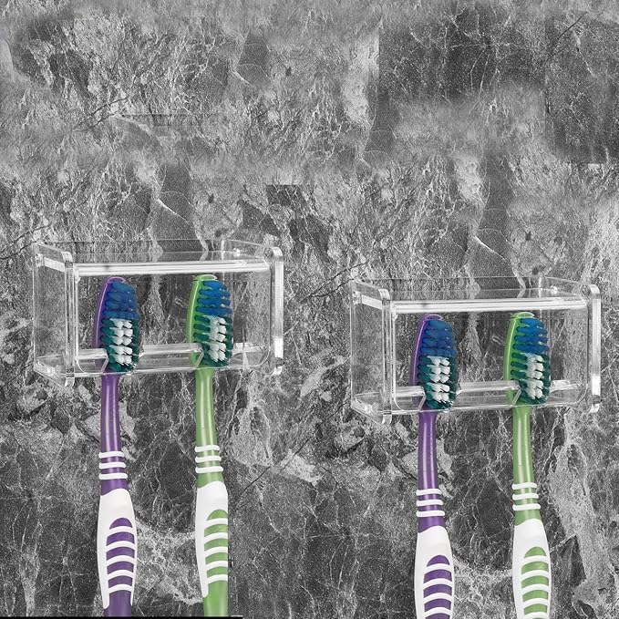 2 Pack Toothbrush Holder Wall Mounted with Cover for Bathroom, 2 Slots Toothbrush Storage Organizer for Shower, Self Adhesive Toothbrush Hanger Rack for Dorm, Cabinet (Clear)