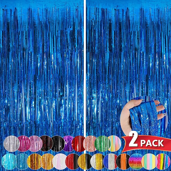 Blue Metallic Tinsel Foil Fringe Curtains, 2 Pack 3.3x8.3 Feet Party Streamer Curtains for Birthday Party Decorations, Halloween Decor, Foil Curtain Backdrop for Bachelorette Party