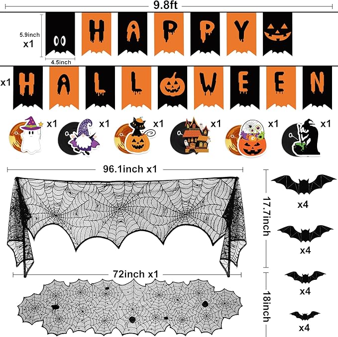 Halloween Decorations Indoor Set - Halloween Festive Decor Happy Halloween Banner Hanging Swirls & Spider Web Table Runner & Mantel Scarf & 3D Bat Sticker for Spooky Haunted House Home Kitchen Decor