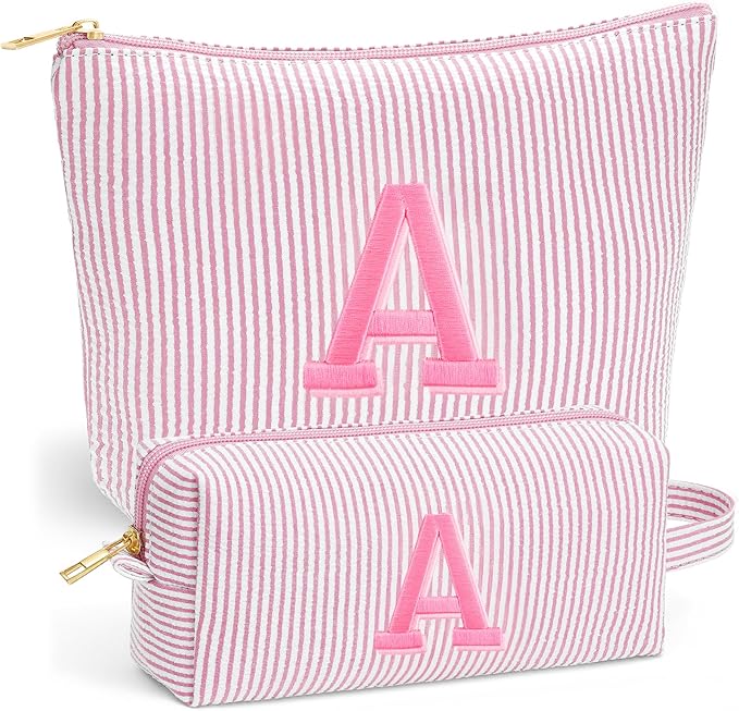 Christmas Gifts 2025 for Girls - Stocking Stuffers for Teen Girls, Girl Birthday Gift, Personalized Initial Travel Makeup Bag Set, Christmas Birthday Gifts for Girl,Light Pink A