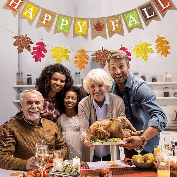 Happy Fall Burlap Banner Glitter Maple Leaf Paper Banner Pre-Assembled Rustic Bunting Garland Hanging Decorations for Autumn Harvest Thanksgiving Home Office School Party Supplie